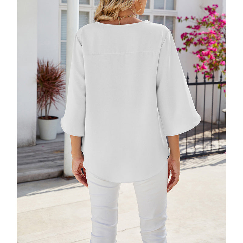 Breeze & Grace Chiffon Tunic Blouse - Casual Loose V-Neck Top