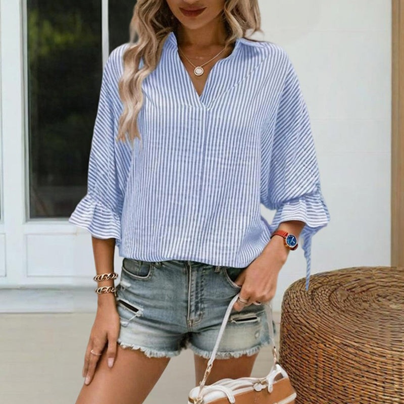 Striped V-Neck Ruffle Sleeve Blouse