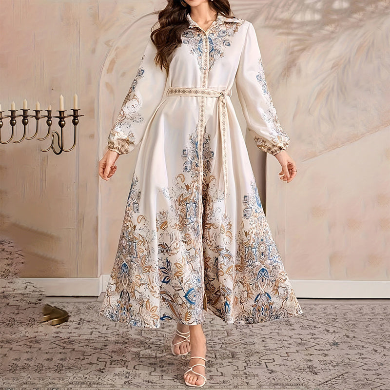 Boho Escape Belted Elegant Dress - Tie Waist, Long Sleeves, Vacation & Party Dress