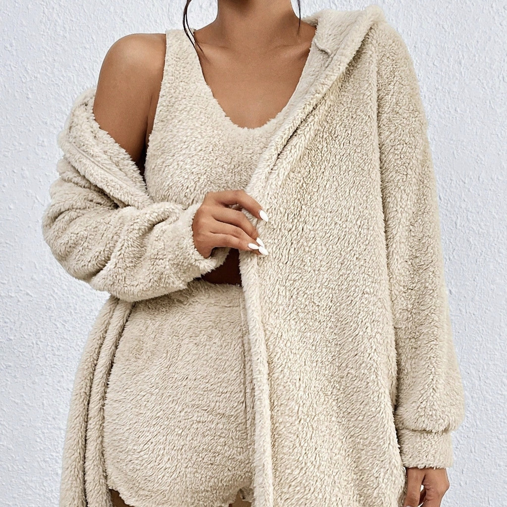 Cozy Winter 3-Piece Lounge Set – Plush Crop Top, Shorts & Warm Coat