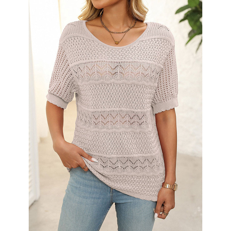Boho Crochet Knit Sweater Top – Short Sleeve Hollow Out Blouse