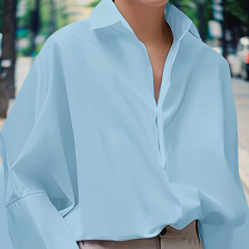 Women’s Puff Sleeve V-Neck Button-Down Blouse – Solid Color Long Sleeve Shirt