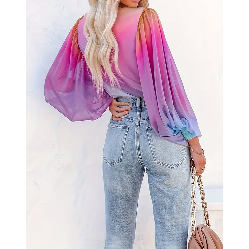 Pastel V-Neck Gradient Color Long Sleeve Top - Summer Casual Loose Puff Sleeve Chiffon Blouse