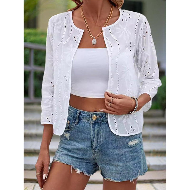 Women's Summer Hollow Knit Cardigan – Lightweight Open Front Floral Shrug