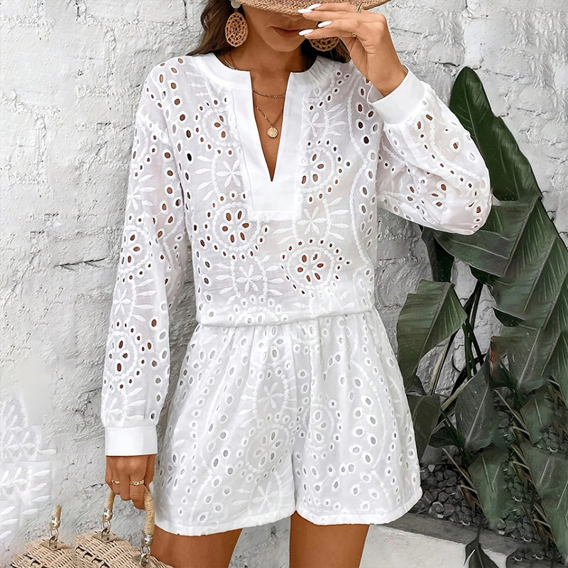 Soft Focus Two-Piece Lace Set - V-Neck Long Sleeve Blouse & Short Set