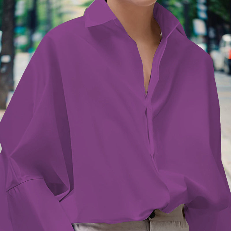 Women’s Puff Sleeve V-Neck Button-Down Blouse – Solid Color Long Sleeve Shirt