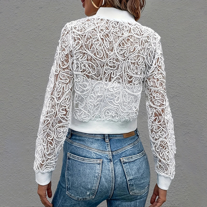 Elegant Lace Zip-Up Cropped Jacket – Feminine & Versatile Top