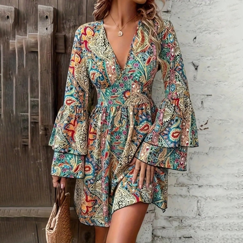 Seaside Escape Floral Print Bell Sleeve A-Line Summer Dress