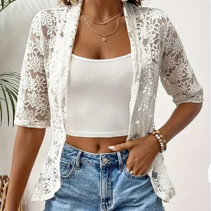 Floral Lace 3/4 Sleeve Bolero Shrug – Sheer Open Cardigan