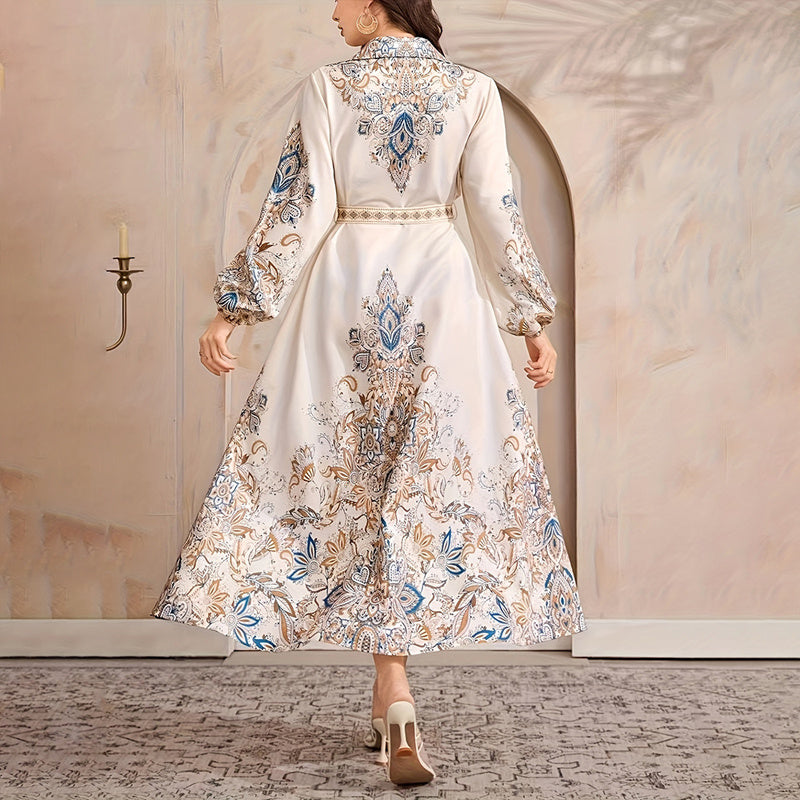 Boho Escape Belted Elegant Dress - Tie Waist, Long Sleeves, Vacation & Party Dress