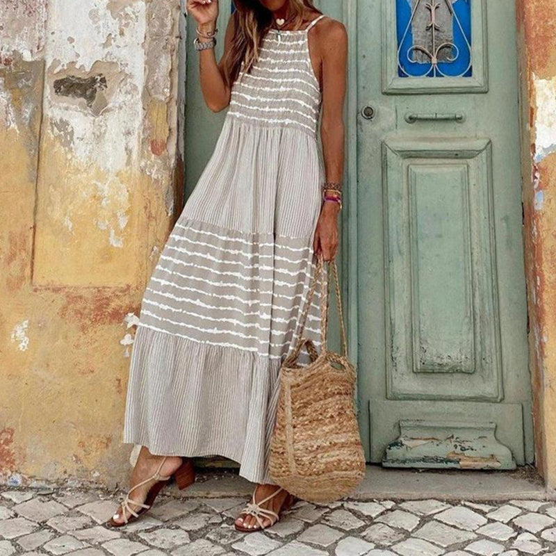 Vacation Vibes Halter Neck Sleeveless Dress - Casual Loose Striped Summer Vacation Maxi Dress