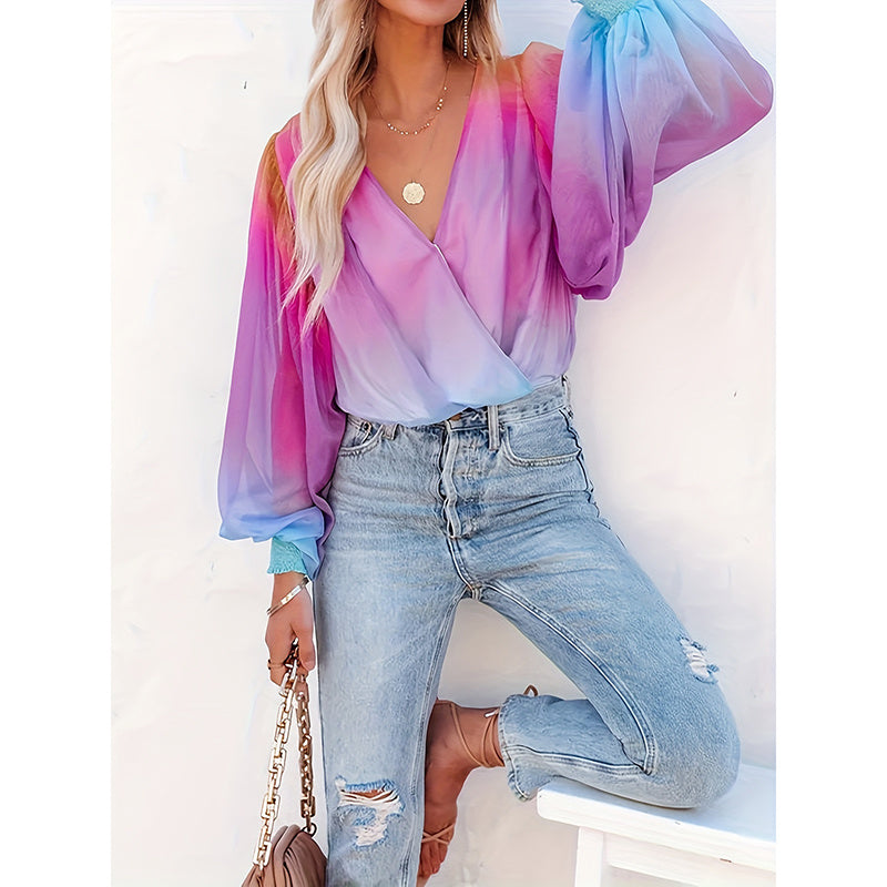 Pastel V-Neck Gradient Color Long Sleeve Top - Summer Casual Loose Puff Sleeve Chiffon Blouse