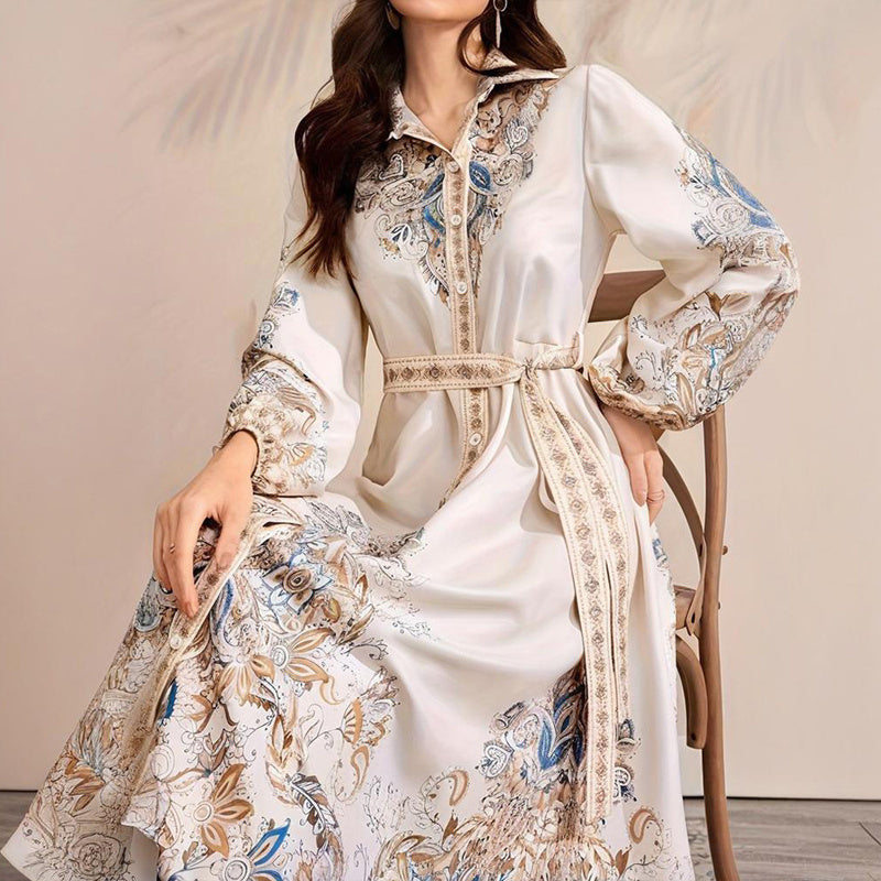 Boho Escape Belted Elegant Dress - Tie Waist, Long Sleeves, Vacation & Party Dress