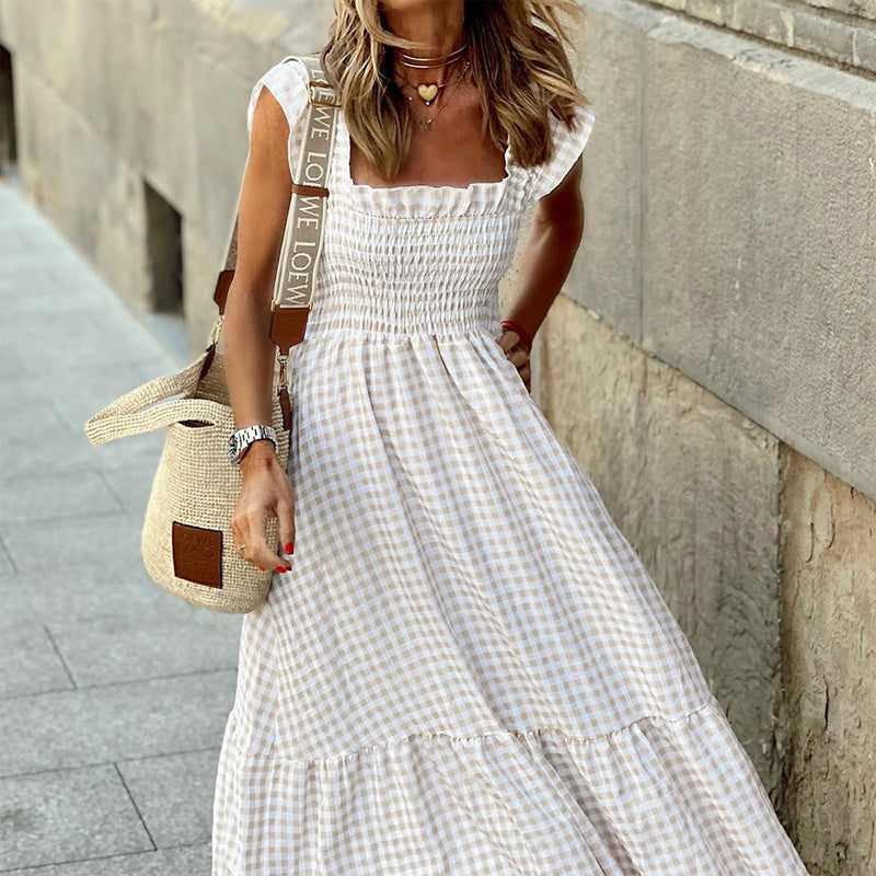 City Stroll Ruffle Dress - Effortless Elegance Square Neck A-Line Dress With Plaid Print