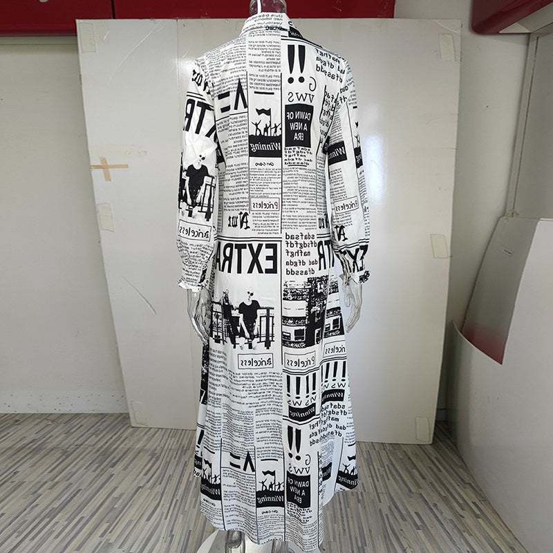 Newspaper Print Long Sleeve Shirt Dress – Trendy Button Down Casual Dress