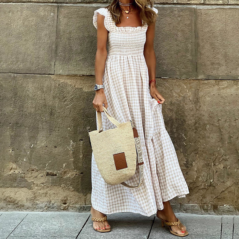 City Stroll Ruffle Dress - Effortless Elegance Square Neck A-Line Dress With Plaid Print