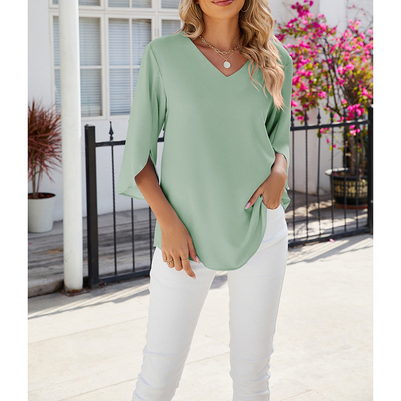 Breeze & Grace Chiffon Tunic Blouse - Casual Loose V-Neck Top