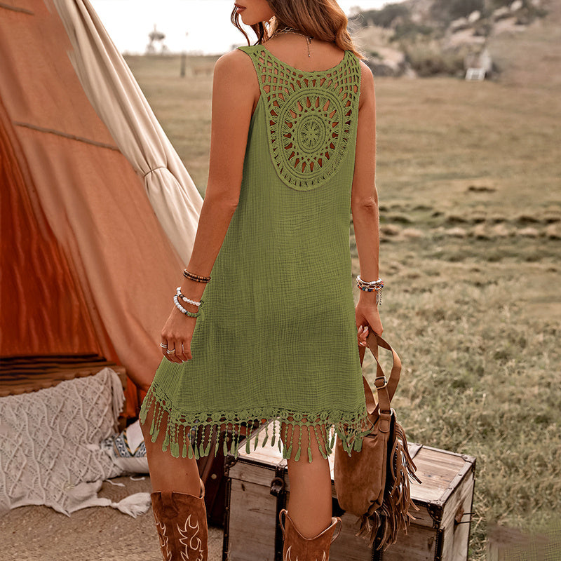 Boho Breeze Cotton Fringe Dress - V-Neck Sleeveless Summer Dress
