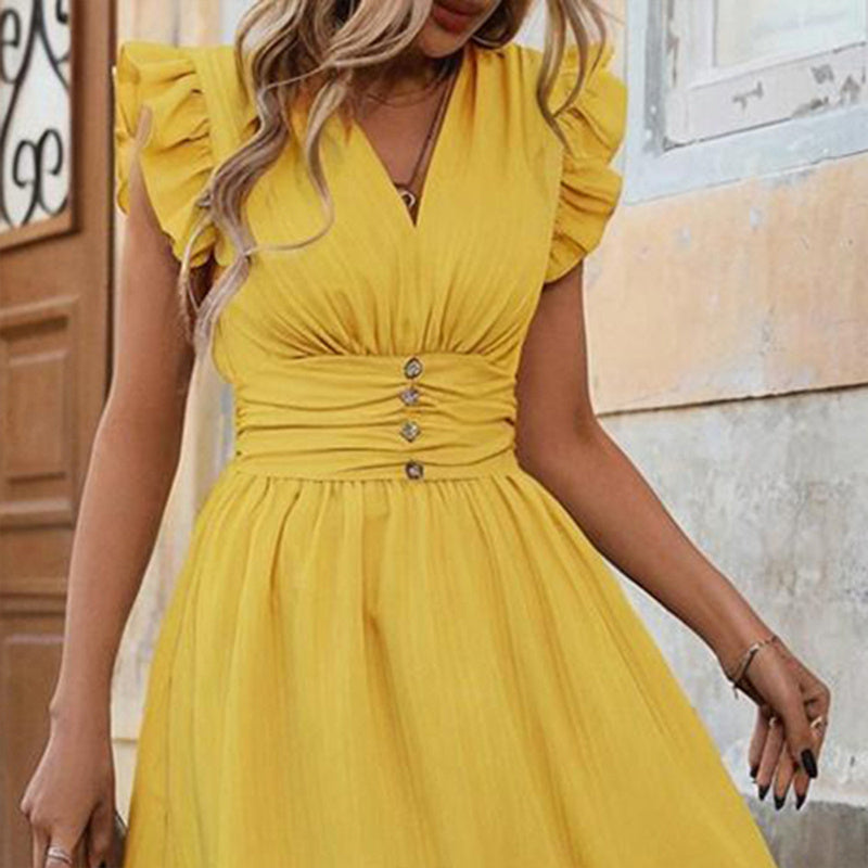 Summer Glow V-Neck Maxi Dress - High Waist Ruffled Hem Boho Flowy Summer Dress With Shoulder Frills