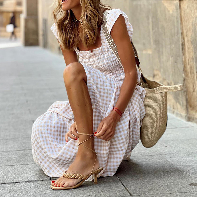 City Stroll Ruffle Dress - Effortless Elegance Square Neck A-Line Dress With Plaid Print
