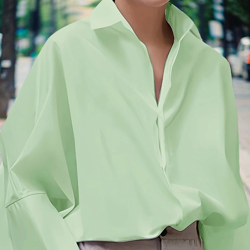 Women’s Puff Sleeve V-Neck Button-Down Blouse – Solid Color Long Sleeve Shirt