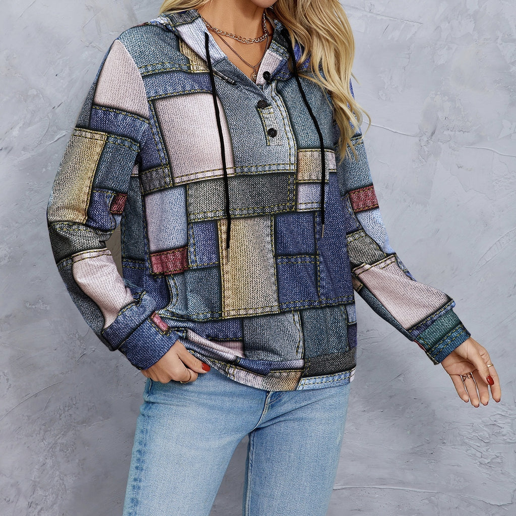 GeoPrint Drawstring Hoodie – Casual Chic Pullover