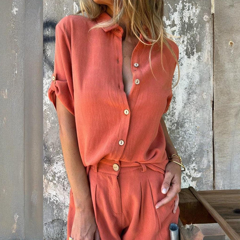 Chic Lapel Short Sleeve Two-Piece Set