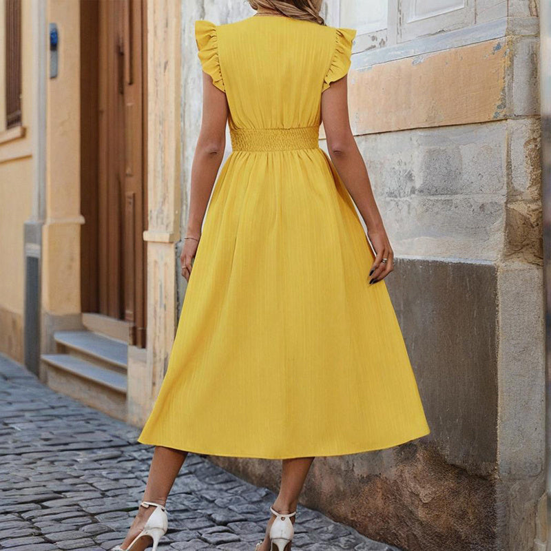 Summer Glow V-Neck Maxi Dress - High Waist Ruffled Hem Boho Flowy Summer Dress With Shoulder Frills