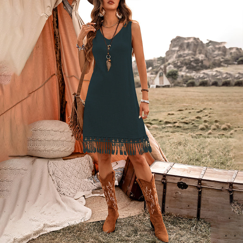 Boho Breeze Cotton Fringe Dress - V-Neck Sleeveless Summer Dress