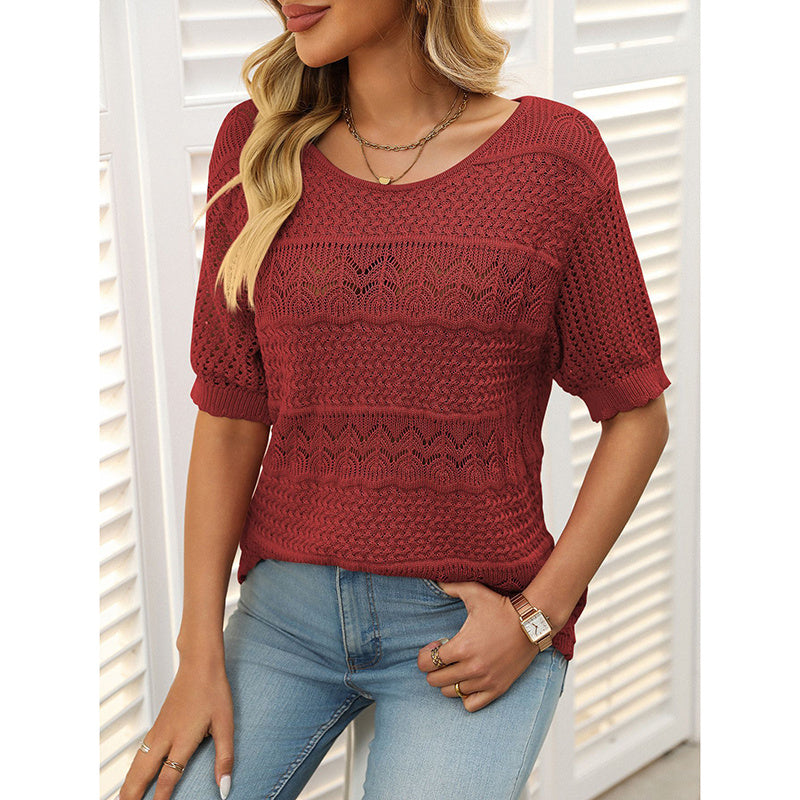 Boho Crochet Knit Sweater Top – Short Sleeve Hollow Out Blouse