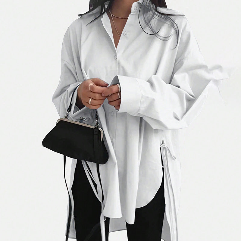 Women's Casual Loose-Fit Long Sleeve Shirt - Side Slit Button Down Blouse