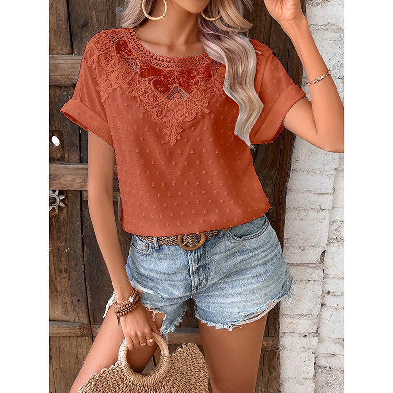 Lace Floral Summer Blouse – Casual Short Sleeve Top