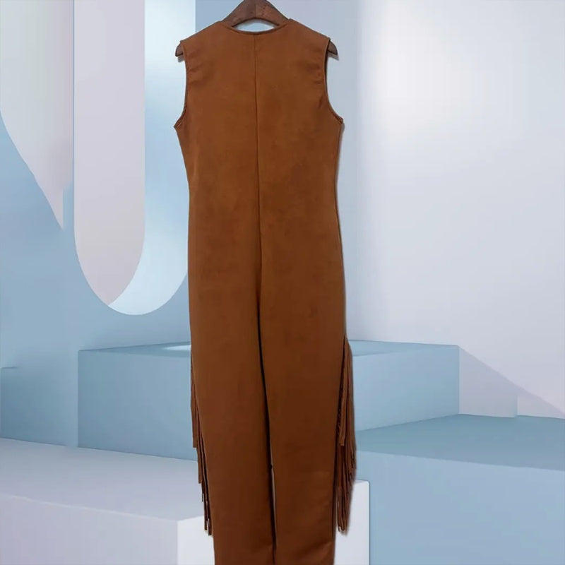 Brown suede dress with fringe details on a white background