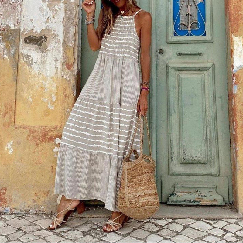 Vacation Vibes Halter Neck Sleeveless Dress - Casual Loose Striped Summer Vacation Maxi Dress