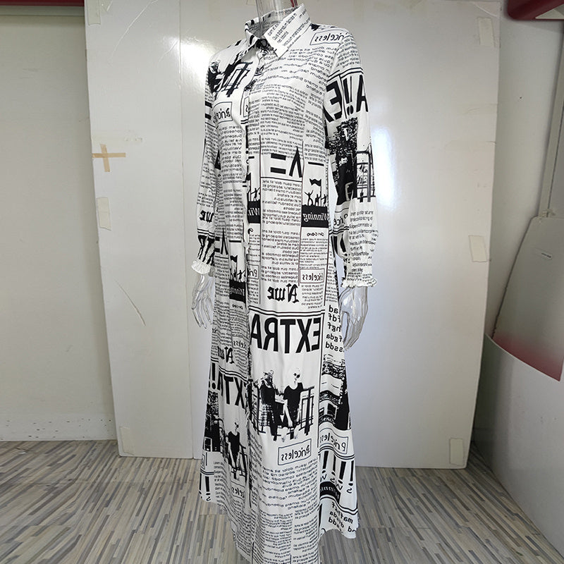 Newspaper Print Long Sleeve Shirt Dress – Trendy Button Down Casual Dress