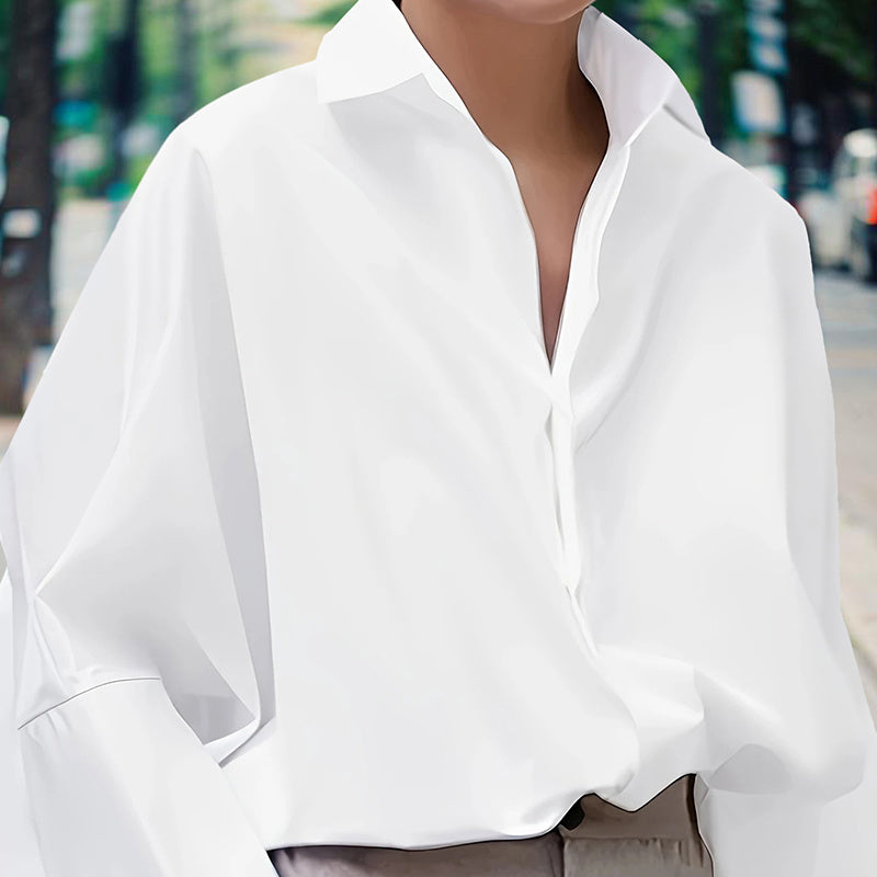 Women’s Puff Sleeve V-Neck Button-Down Blouse – Solid Color Long Sleeve Shirt