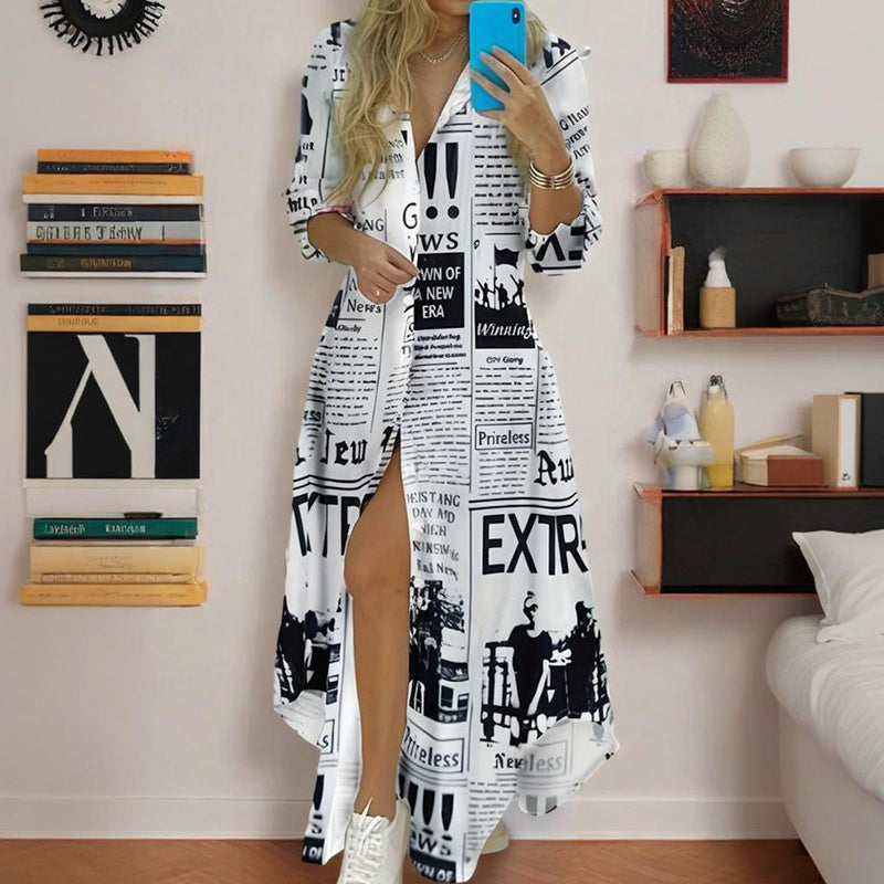 Newspaper Print Long Sleeve Shirt Dress – Trendy Button Down Casual Dress