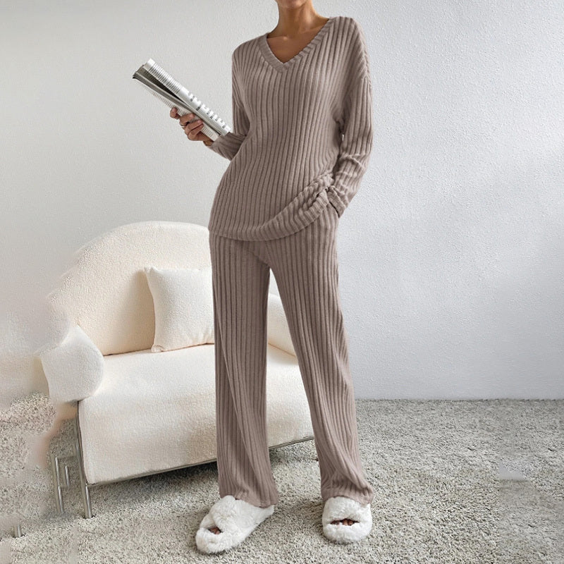 Women’s 2-Piece Lounge Set V-Neck Long Sleeve Top & Straight Leg Pants, Ribbed Texture Outfit