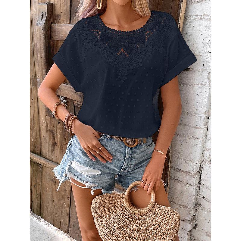 Lace Floral Summer Blouse – Casual Short Sleeve Top