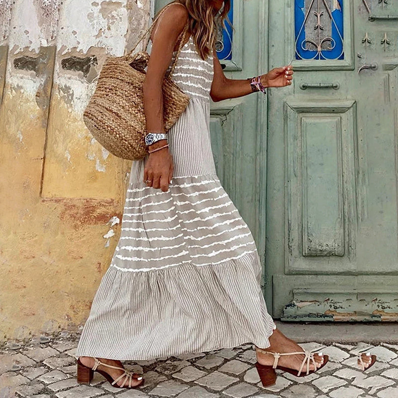 Vacation Vibes Halter Neck Sleeveless Dress - Casual Loose Striped Summer Vacation Maxi Dress