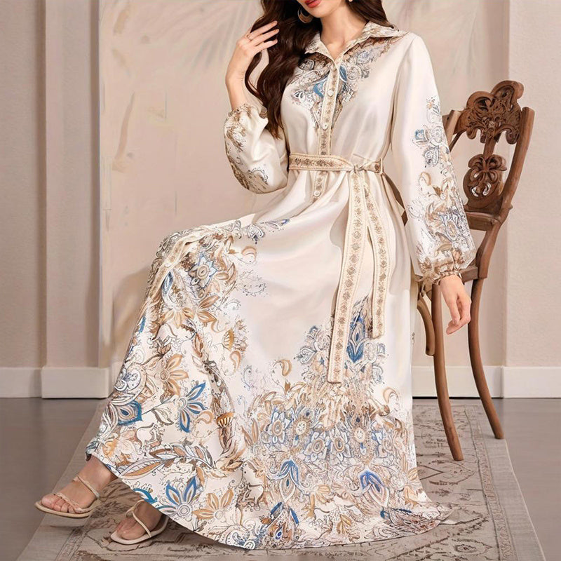 Boho Escape Belted Elegant Dress - Tie Waist, Long Sleeves, Vacation & Party Dress