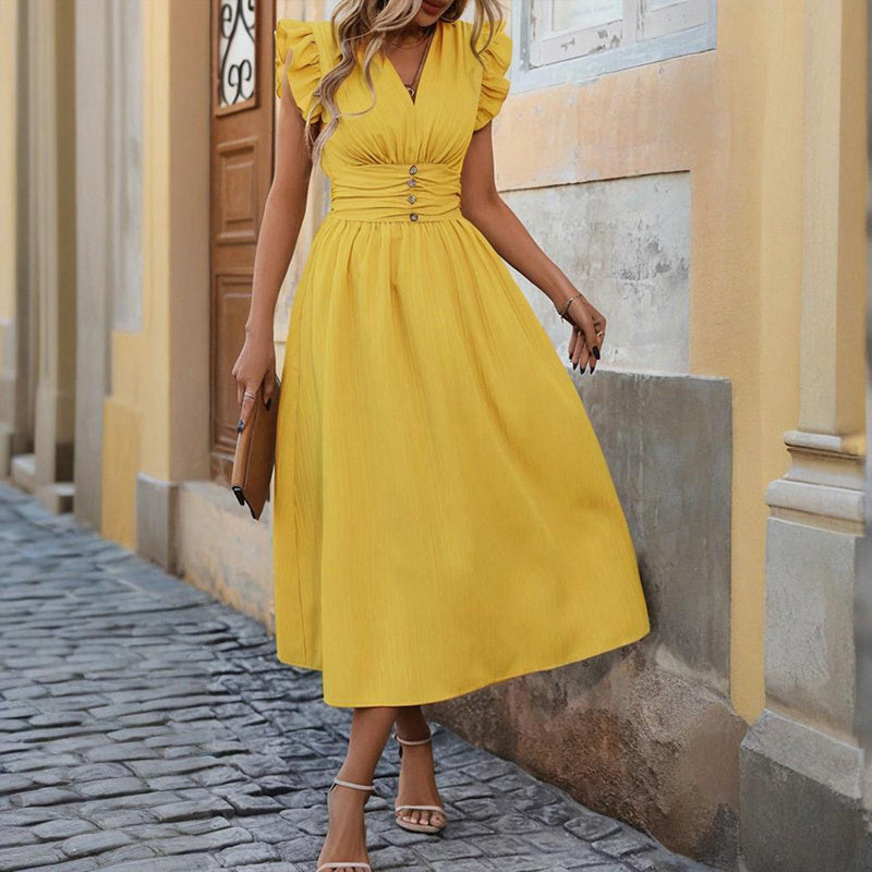 Summer Glow V-Neck Maxi Dress - High Waist Ruffled Hem Boho Flowy Summer Dress With Shoulder Frills