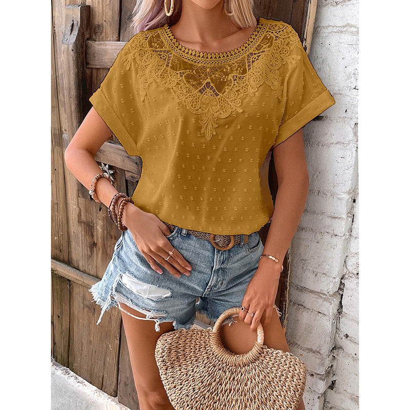 Lace Floral Summer Blouse – Casual Short Sleeve Top