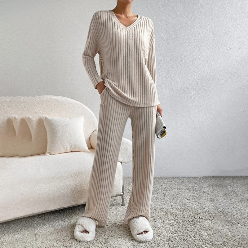 Women’s 2-Piece Lounge Set V-Neck Long Sleeve Top & Straight Leg Pants, Ribbed Texture Outfit