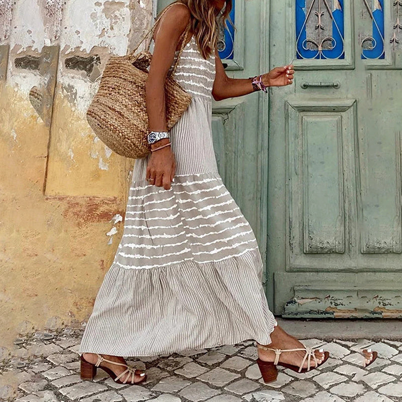 Vacation Vibes Halter Neck Sleeveless Dress - Casual Loose Striped Summer Vacation Maxi Dress
