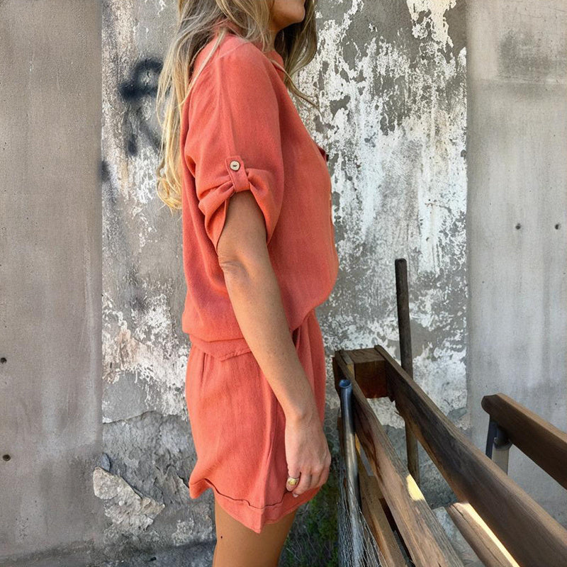 Chic Lapel Short Sleeve Two-Piece Set