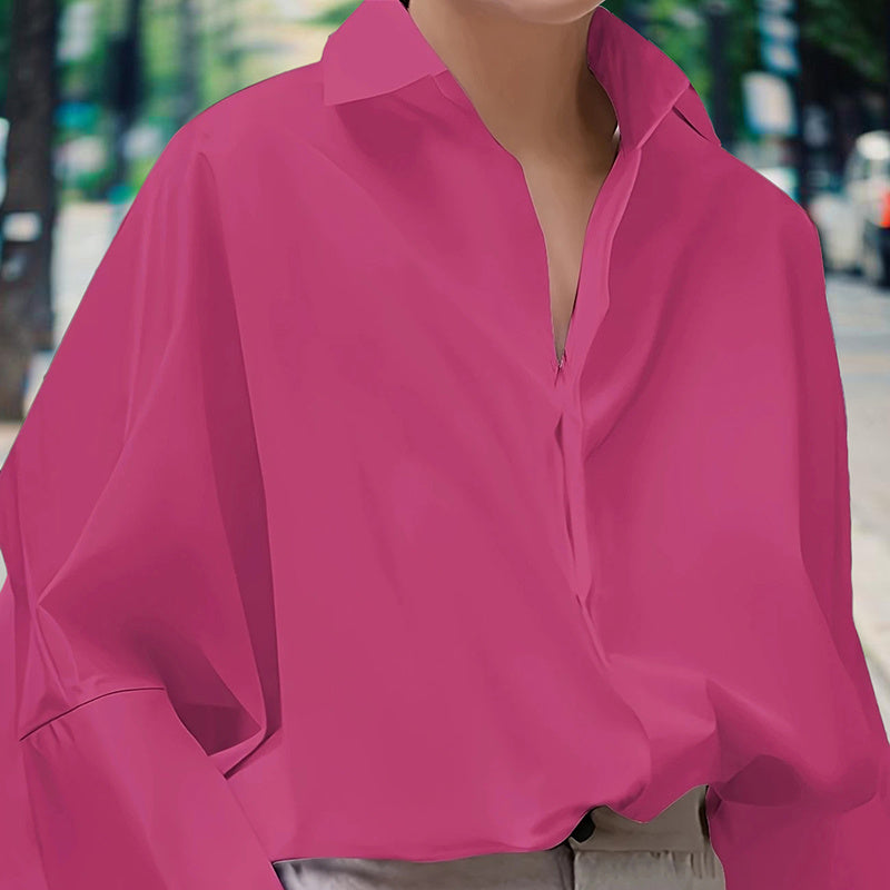 Women’s Puff Sleeve V-Neck Button-Down Blouse – Solid Color Long Sleeve Shirt
