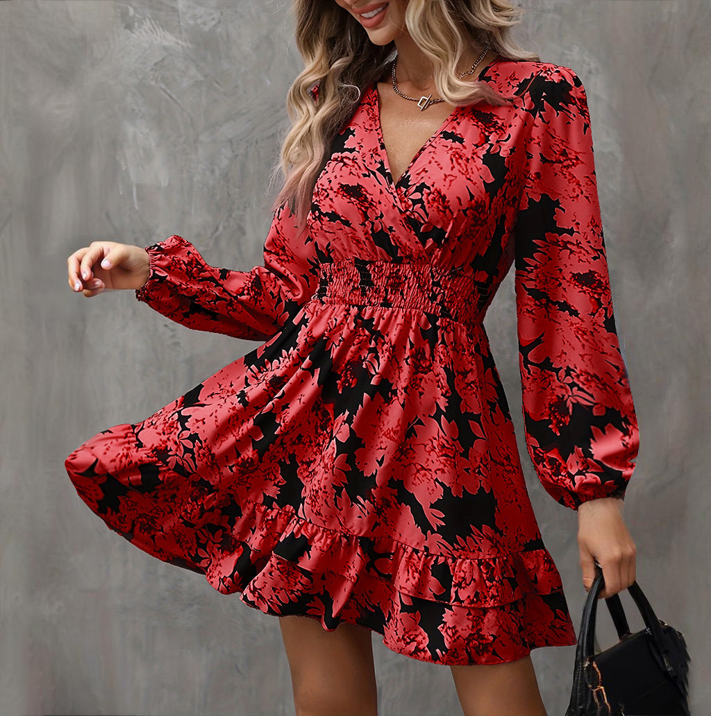 Elegant Printed Lantern Sleeve A-Line Flowy Midi Dress  V-Neck & Ruffle Waist