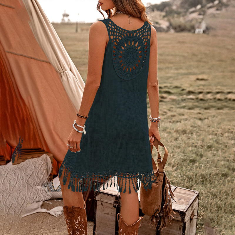 Boho Breeze Cotton Fringe Dress - V-Neck Sleeveless Summer Dress