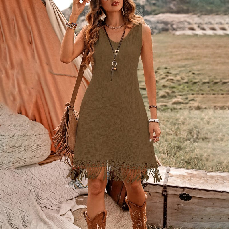 Boho Breeze Cotton Fringe Dress - V-Neck Sleeveless Summer Dress